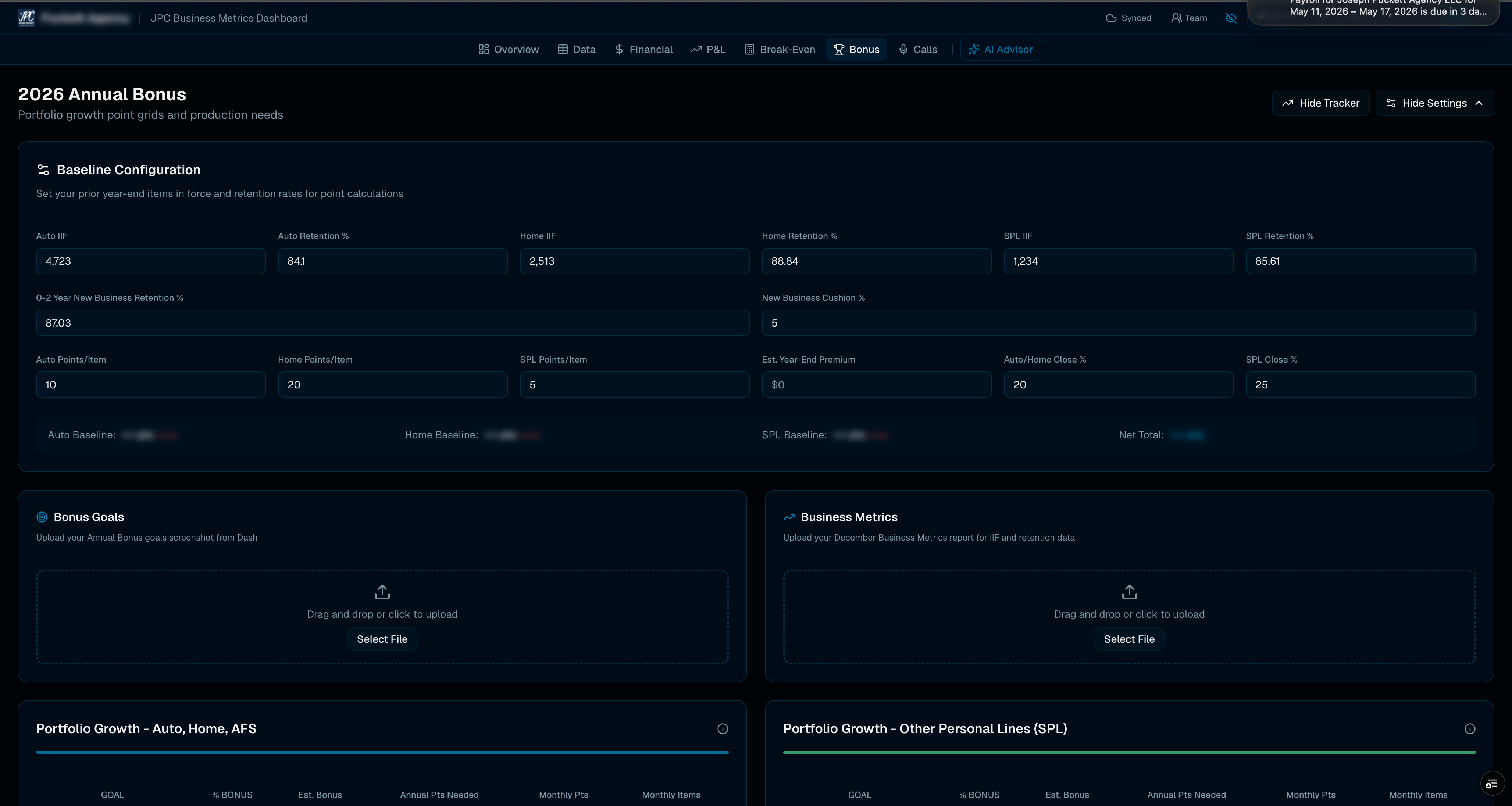 Bonus tracking dashboard with portfolio growth and production goals